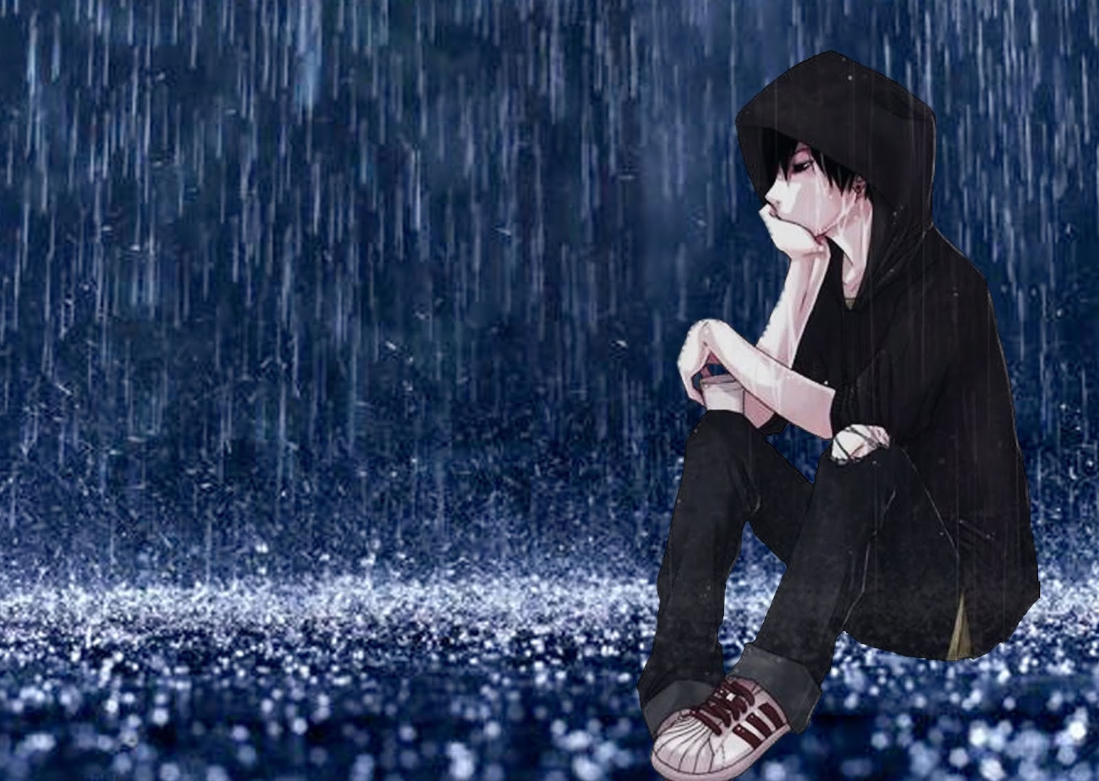 Ảnh hoạt hình chàng trai thất tình ngồi dưới mưa