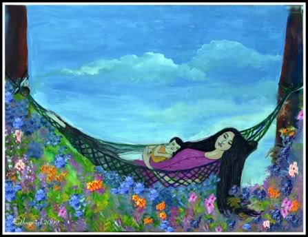 tranh vẽ mẹ ôm ru con ngủ trên võng